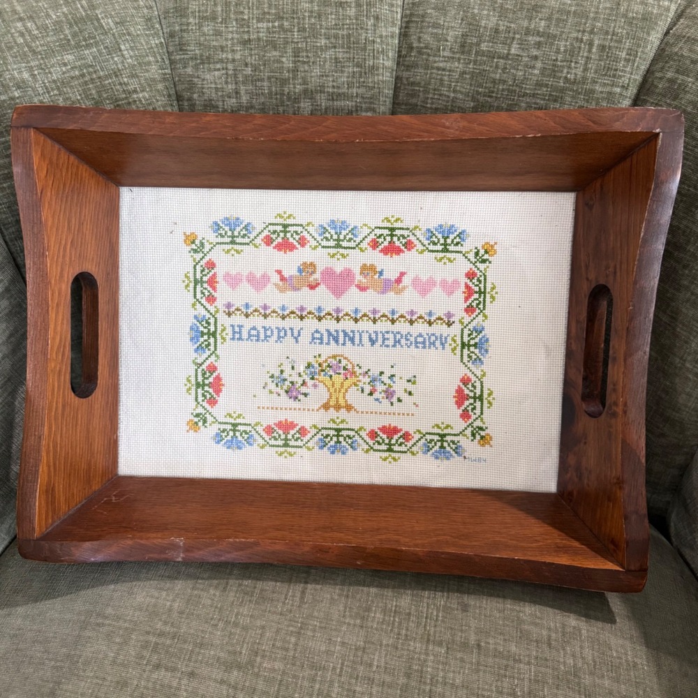 Vintage 1984 Wooden Serving Tray Cross Stitch Happy Anniversary Grandmacore